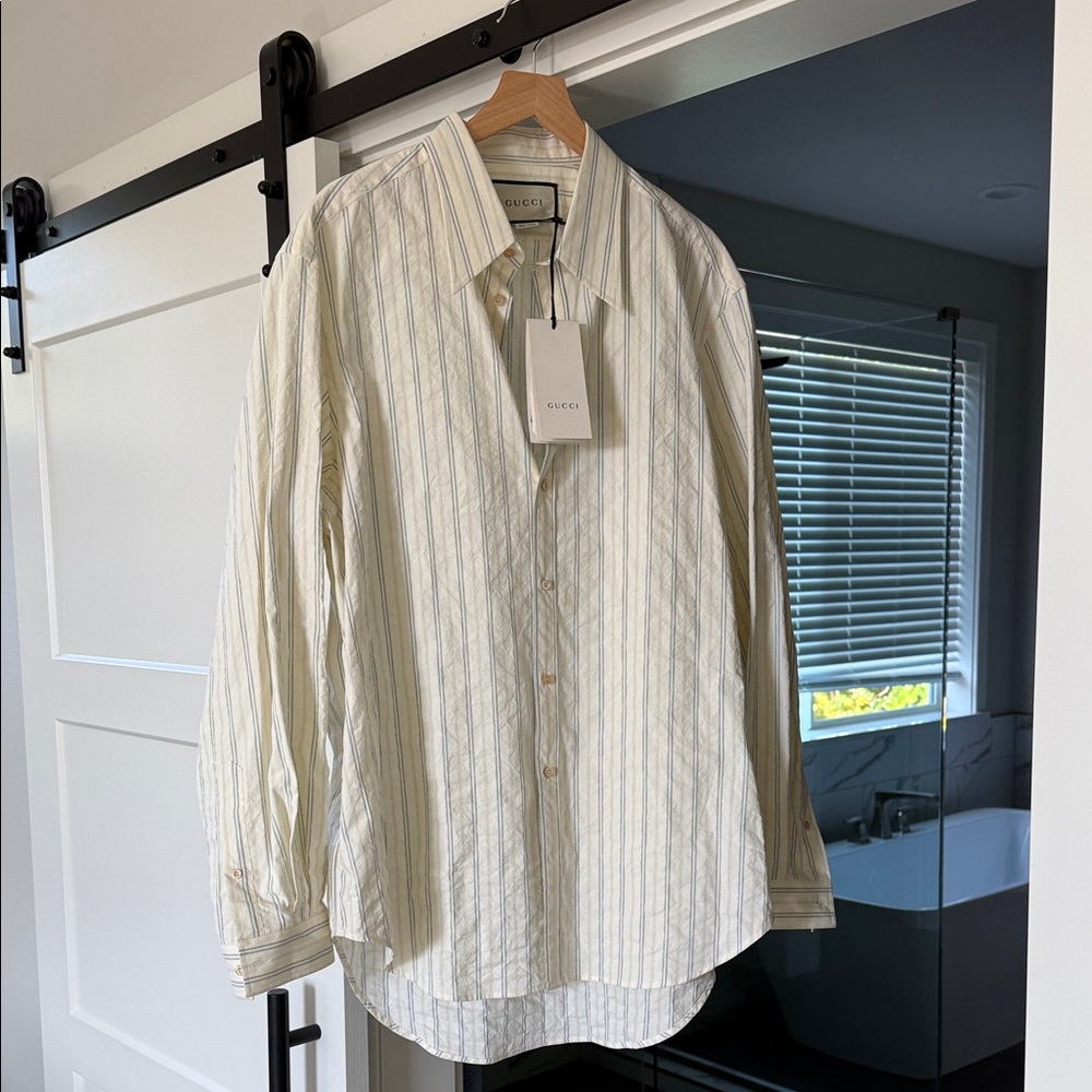 Gucci Men's Beige Striped Button Down Shirt